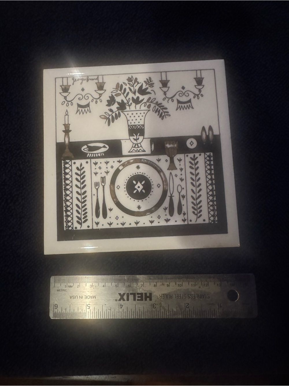Vintage Georges Briard Signed Enamel Ceramic Tile, MCM Table Setting Design